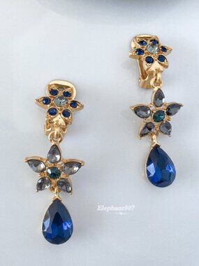 Oscar de la Renta Blue Crystal Floral Drop Earrings Gold Tone Statement